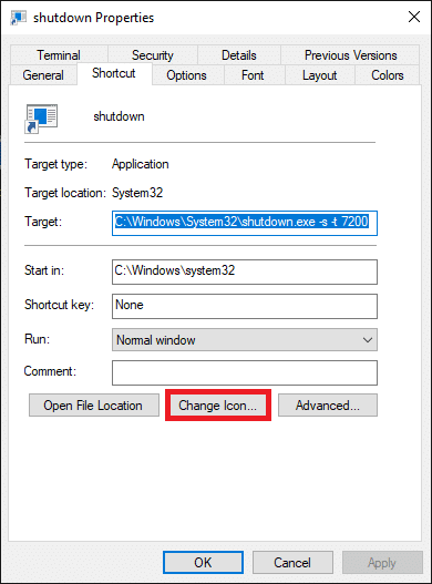 ここで、アイコンの変更をクリックします…| Windows10スリープタイマーを作成する方法