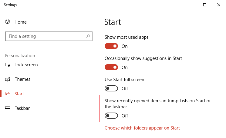 Assicurati di disattivare l'interruttore per Mostra elementi aperti di recente in Jump List su Start o sulla barra delle applicazioni