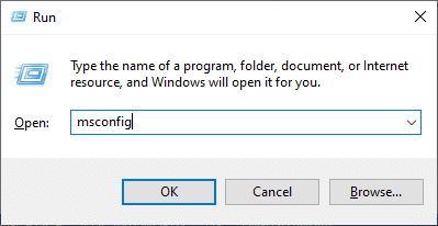 [ファイル名を指定して実行]テキストボックスに次のコマンドを入力した後、msconfigをクリックし、[OK]ボタンをクリックします。