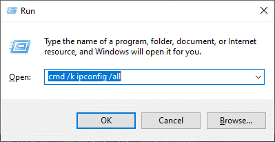 次のようにcmd/k ipconfig / allと入力し、[OK]をクリックします。 Windows10でコマンドプロンプトが表示されてから消える問題を修正