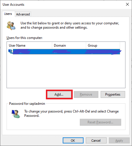 次に、開いた新しいウィンドウで、中央のペインの[ユーザー]の下にある[追加]を探します。Windows10でコマンドプロンプトが表示されてから消えるのを修正します。