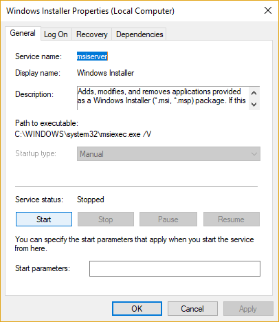 Clique em Iniciar se o serviço Windows Installer ainda não estiver em execução