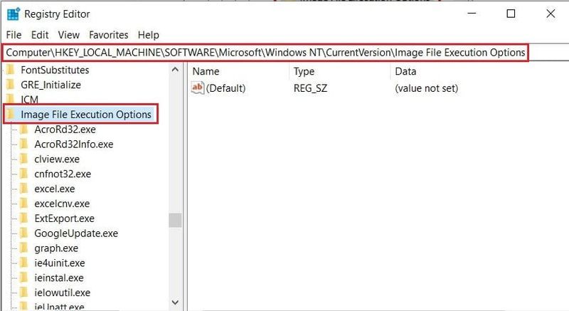 次のアドレスを入力して、イメージファイル実行オプションを開きます| WindowsがSteam.exeを見つけられない問題を修正