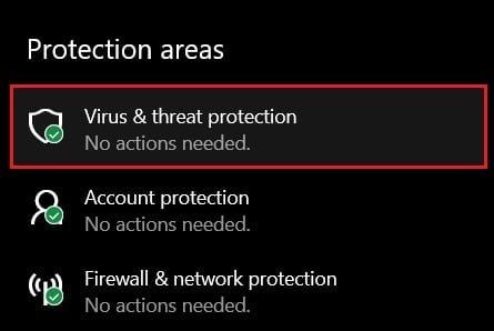 保護領域の下で、ウイルスと脅威の保護をクリックします