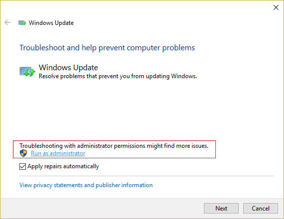 assicurati di fare clic su Esegui come amministratore nella risoluzione dei problemi di Windows Update