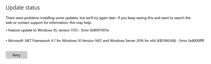 Correggi l'errore di aggiornamento di Windows 0x8007007e