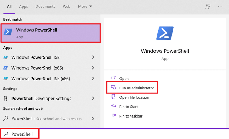 Wyszukaj PowerShell w polu wyszukiwania systemu Windows. Teraz kliknij Uruchom jako administrator.