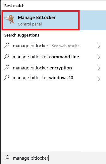 Windowsサーチバーで[BitLockerの管理]を検索します。 Windows10でBitLockerを無効にする方法