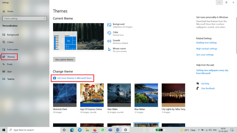 Clique em Obter mais temas na Microsoft Store para abrir a Microsoft Store. Como baixar temas para Windows 10