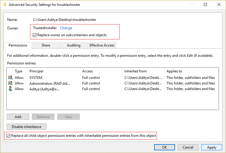 proprietário será alterado para TrustedInstaller | Restaurar TrustedInstaller como proprietário do arquivo no Windows 10