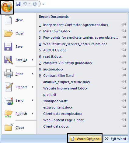 Klik op Word-opsies in die Microsoft Office-kieslys