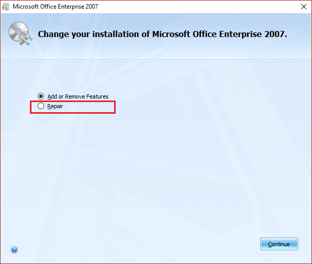 seleziona la riparazione in Microsoft Office