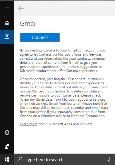 Come connettere Cortana all'account Gmail in Windows 10
