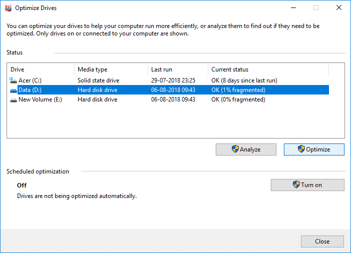 Para otimizar a unidade clique no botão Otimizar | Como otimizar e desfragmentar unidades no Windows 10