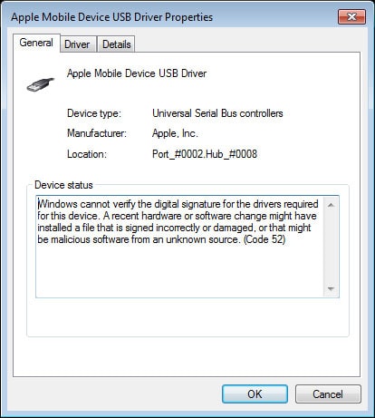 Windowsがデジタル署名コード52ドライバーを確認できない