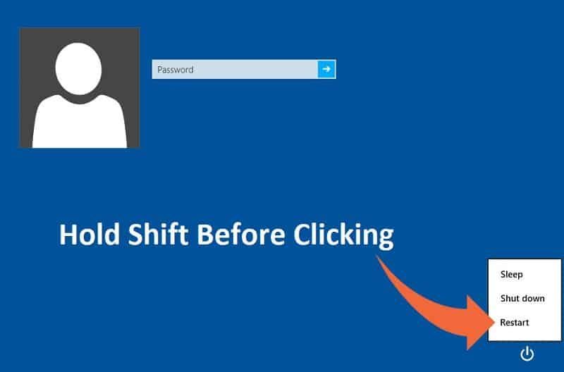 clique no botão Power, segure Shift e clique em Restart (enquanto segura o botão shift).