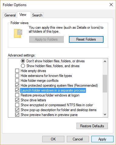 Assicuratevi di verificà a marca Launch folder windows in un prucessu separatu in Folder Options