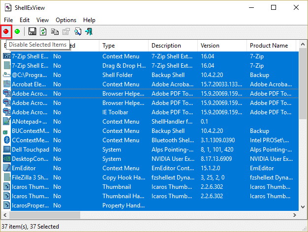 qabıq uzantılarındakı bütün elementləri söndürmək üçün qırmızı nöqtəyə klikləyin | Windows 10-da Fayl Explorer-in çökməsi problemini həll edin
