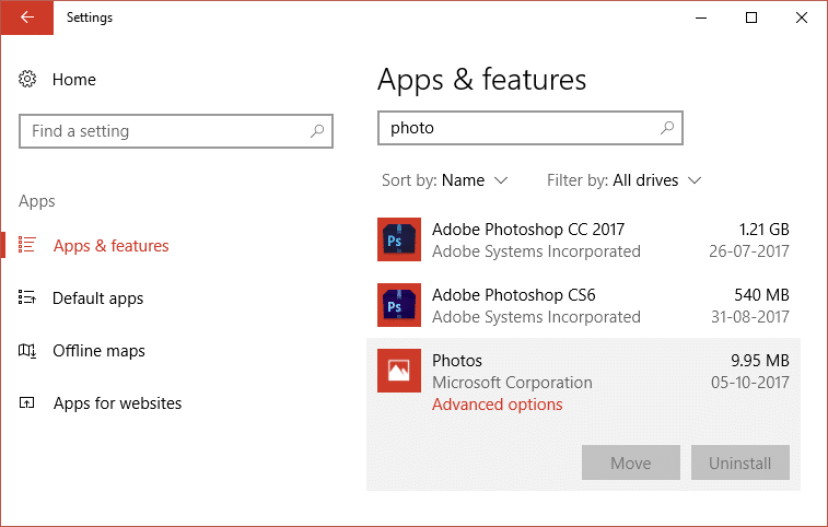Type photo in Apps & features è dopu cliccate nant'à Opzioni Avanzate