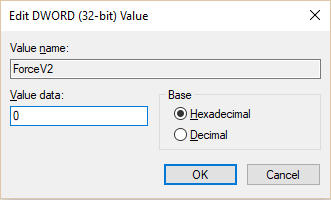 Para habilitar Usar a consola herdada cambie o valor de ForceV2 DWORD a 0