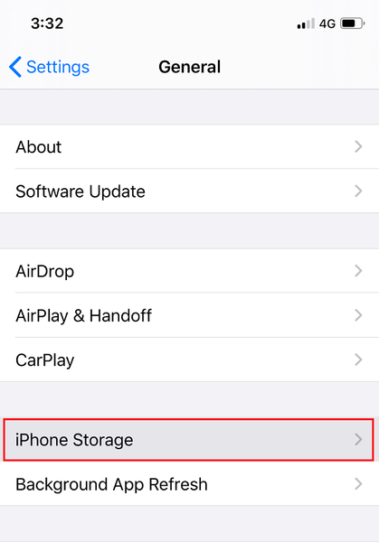 Pod Općenito, odaberite iPhone Storage. Uređaj priključen na sistem ne radi