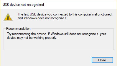 このコンピューターに接続されている最後のUSBデバイスが誤動作し、Windowsがそれを認識しません