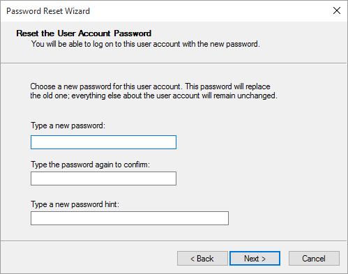 Typ het nieuwe wachtwoord en voeg een hint toe en klik vervolgens op Volgende | Een wachtwoordhersteldiskette maken in Windows 10