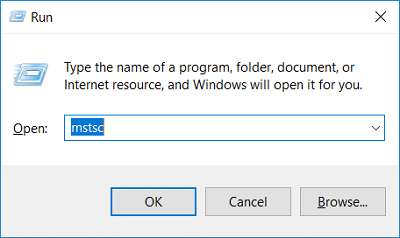 Druk op Windows Key + R, typ mstsc en druk op Enter | Hoe kinne jo ferbining op ôfstân buroblêd ynstelle op Windows 10