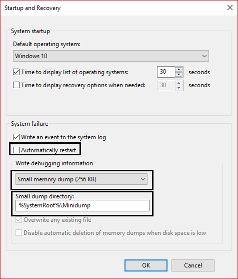 configurações de inicialização e recuperação pequeno despejo de memória e desmarque reiniciar automaticamente