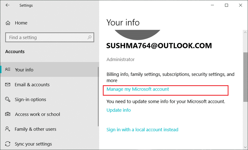 Odaberite Vaše informacije, a zatim kliknite na Upravljaj mojim Microsoft računom