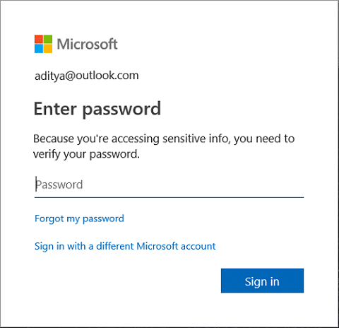 Možda ćete morati da potvrdite lozinku svog naloga tako što ćete ukucati lozinku za Microsoft nalog