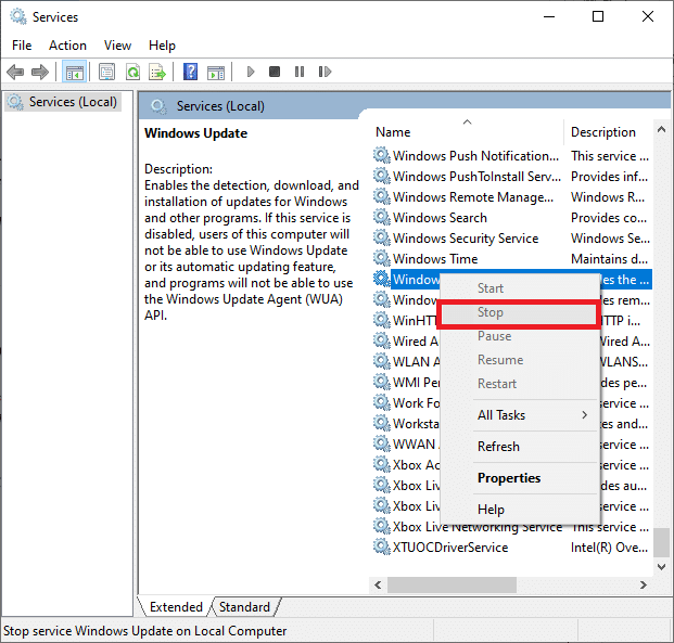 Sada kliknite desnim tasterom miša na Windows Update i izaberite Stop | Kako izbrisati privremene datoteke u Windows 10