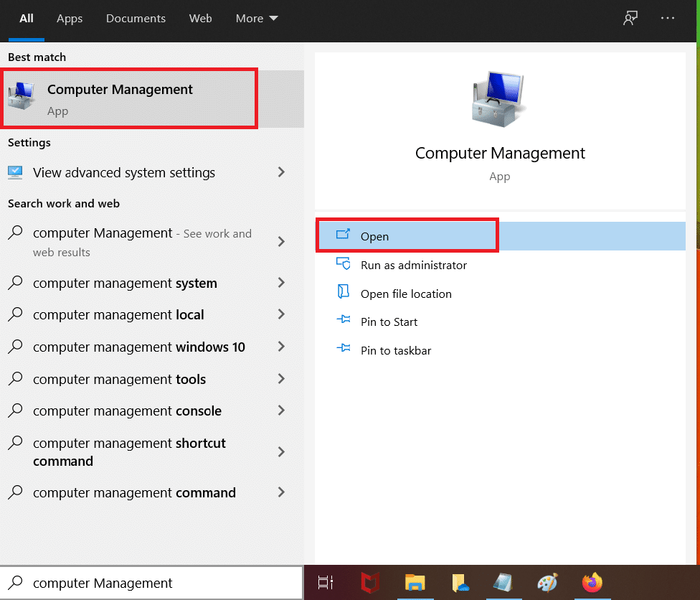 Start Computer Management ved at søge efter det i Windows-søgelinjen.