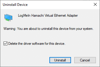 klik på Afinstaller. hvordan man løser Hamachi Tunnel Problem Windows 10