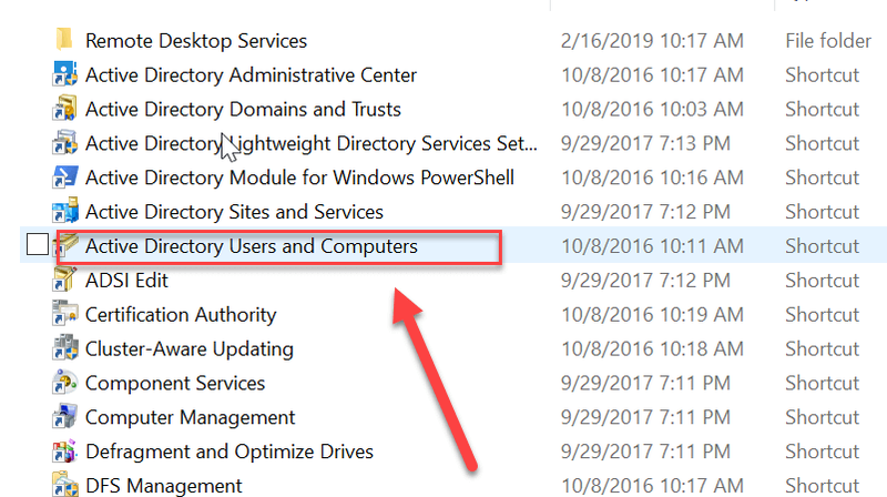 Active Directory lietotāji un datori sadaļā Administratīvie rīki