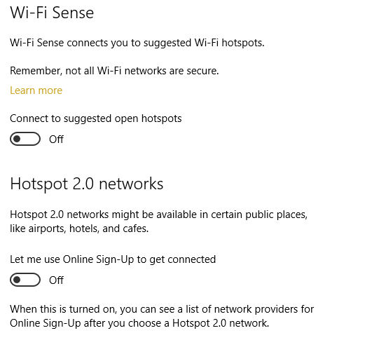 Hoʻopau i ka Wi-Fi Sense a ma lalo o ia e hoʻopau i nā pūnaewele Hotspot 2.0 a me nā lawelawe Wi-Fi uku.