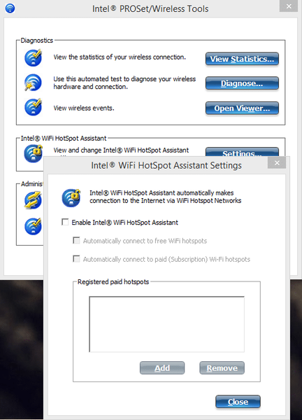 Uncheck Enable Intel Hotspot Assistant hauv Intel WiFi Hotspot Assistant