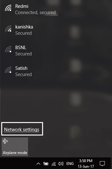 clique em configurações de rede na janela WiFi