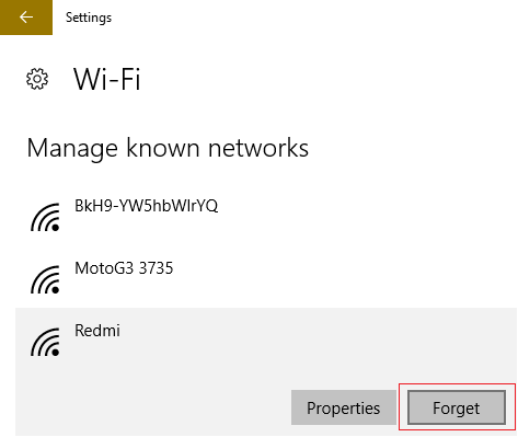 Windows10が勝った1つのネットワークを忘れたをクリックします