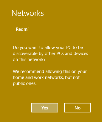 このネットワークをプライベートネットワークにするには、[はい]をクリックします