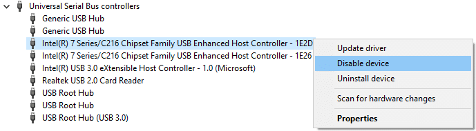 Universal Serial Bus kontrollerlərini genişləndirin, sonra USB sürücülərinə sağ vurun və Disable seçin