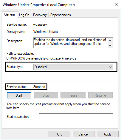 Windows Updateを停止し、スタートアップの種類を無効に設定します