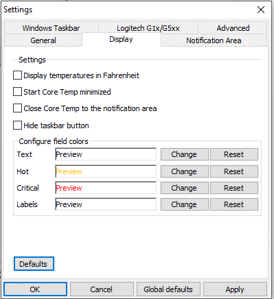 Na guia Exibir, você pode personalizar as configurações de exibição do Core Temp