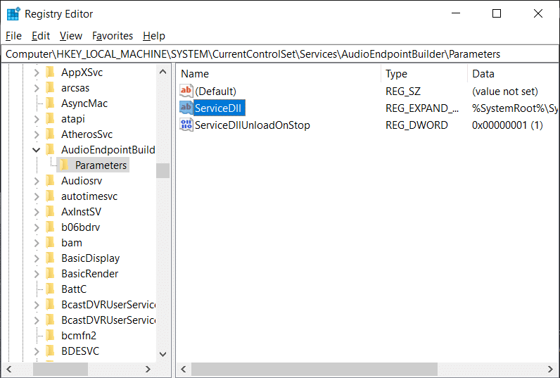 Individua ServicDll nel registro di Windows | Correggi i servizi audio che non rispondono in Windows 10