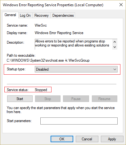 Уверете се, че типът на стартиране на услугата за отчитане на грешки в Windows е деактивиран и щракнете върху стоп