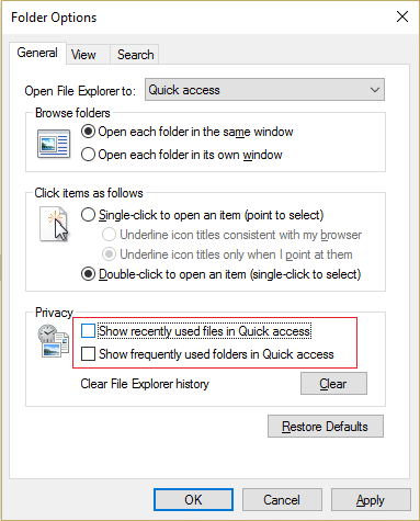 Махнете отметката Показване на наскоро използвани файлове в Бърз достъп в Опции на папката