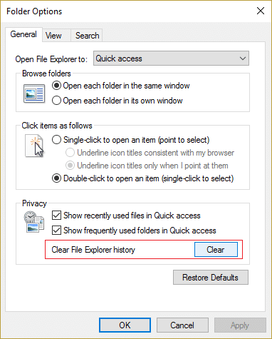 щракнете върху бутона Изчистване на историята на File Explorer под поверителност