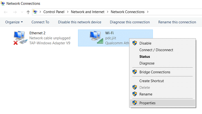 Clique com o botão direito do mouse nessa conexão de rede (WiFi) e selecione Propriedades