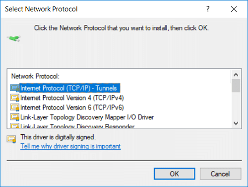 [インターネットプロトコル（TCP IP）–トンネル]を選択し、[OK]、[トンネル]の順にクリックします。ネットワーク接続に必要なWindowsソケットレジストリエントリが欠落しているのを修正