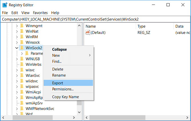 Kliknite pravým tlačidlom myši na WinSock2 a vyberte Exportovať | Opraviť položky databázy Registry soketov systému Windows potrebné na pripojenie k sieti chýbajú